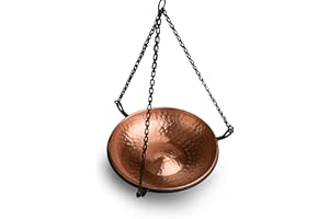 Monarch Abode 17065 Pure Copper Hand Hammered Hanging Bird Bath Feeder Bowl Detachable Outdoor Decor for Garden Backyard Patio and Deck, 17 inch Iron Hanging Chain, Pure Copper