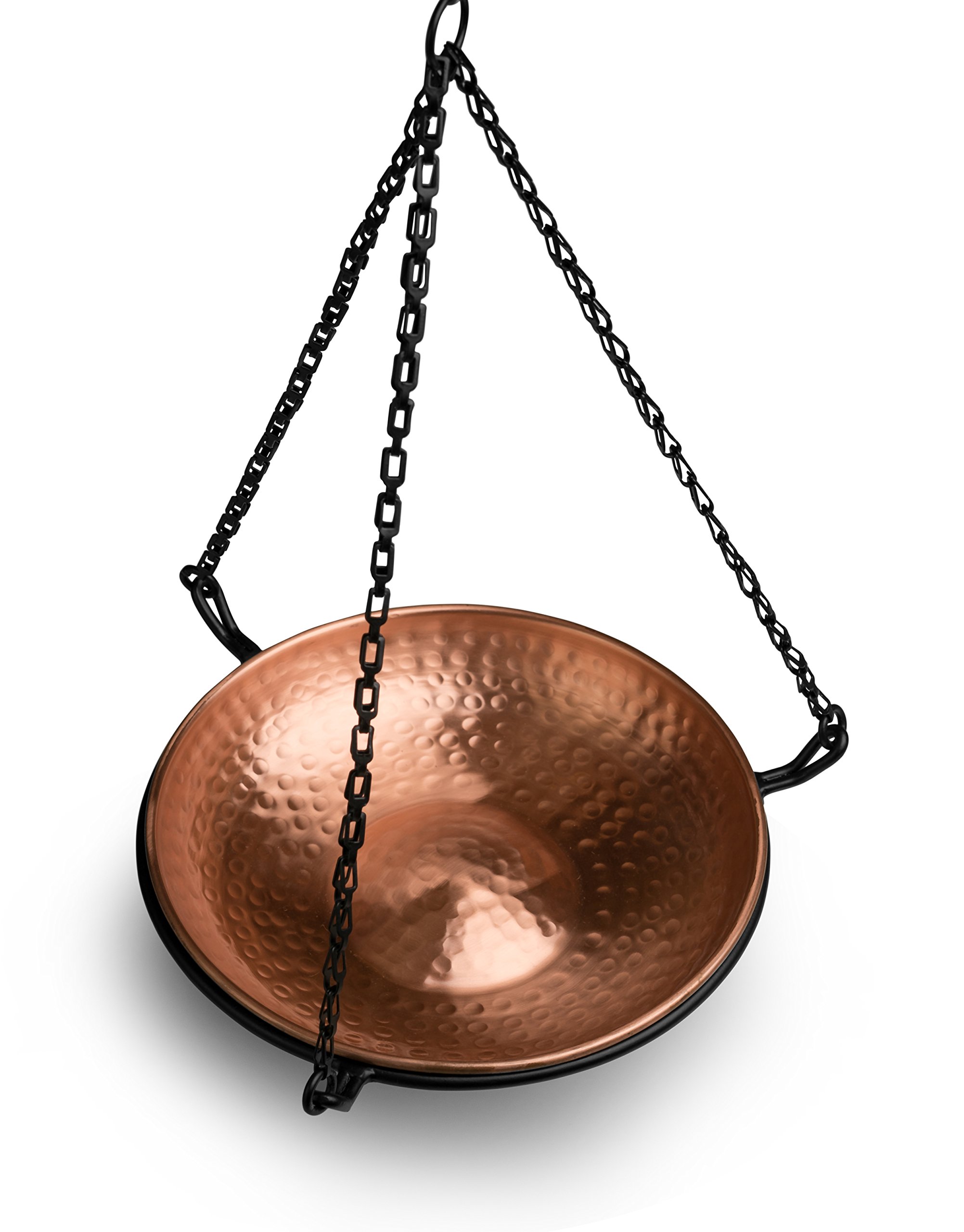 Photo 1 of Monarch Abode Pure Copper Hand Hammered Hanging Bird Bath and Feeder w/Iron Chain, 17-inch Detachable Iron Chain Outdoor Birdbath and Birdfeeder for Garden Backyard Patio & Deck, Bird Water Feeder