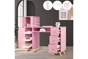 LUXMARS Nail Table Manicure Table for Technician w/Plastic Table Mat & Wrist Rest, Acetone Resistant Nail Desk Station w/Large Capacity Storage Space, for Home Spa Beauty Salon - Pink