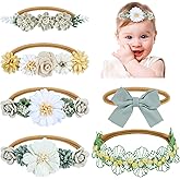 Dizila 6 Pieces Super Soft Stretchy Green Khaki White Baby Girl Nylon Bow Flower Headbands Floral Lace Headbands Hair Accessories for Newborns Infants Toddlers Girls Kids