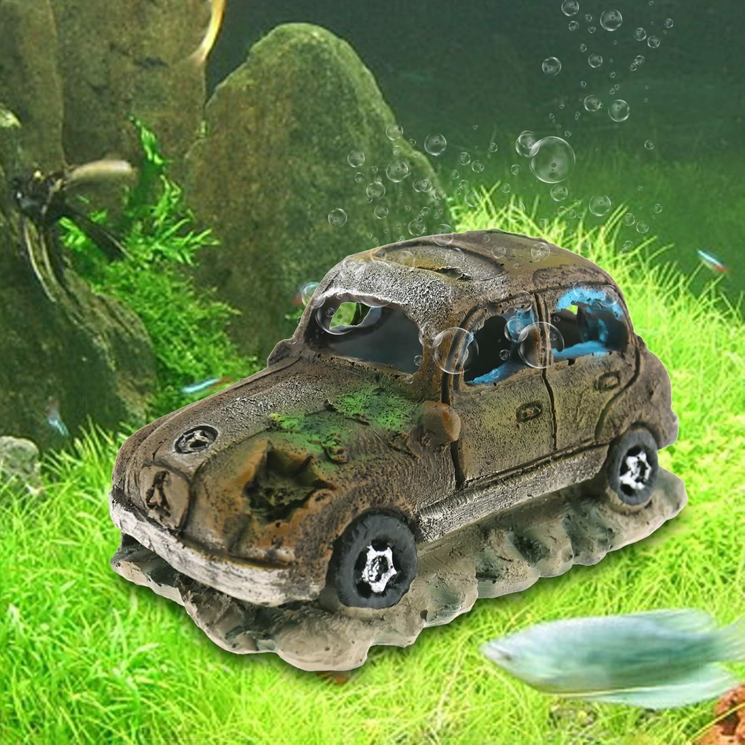 Create idea Aquarium Fish Tank Decor Ornament Resin Imitation Accident Car Landscape Terrarium Home Interior Decorating Accessories 12x7x7cm Brown - Image 3