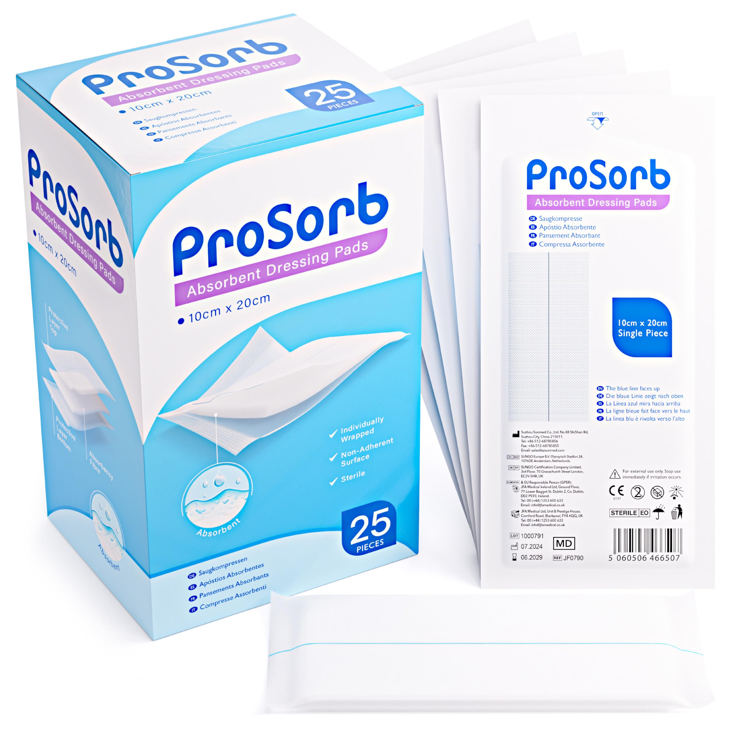 Prosorb Sterile Absorbent Low Adherent Wound Dressing Pads, 10cm x 20cm - Pack of 25