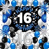 Vicycaty 16th Birthday Decorations for Boys Girls, 16 Years Old Birthday Party Supplies Set with Fabric Backdrop Banner, Foil Balloons, Explosion Stars,Party Photo Props Decor，Blue Silver