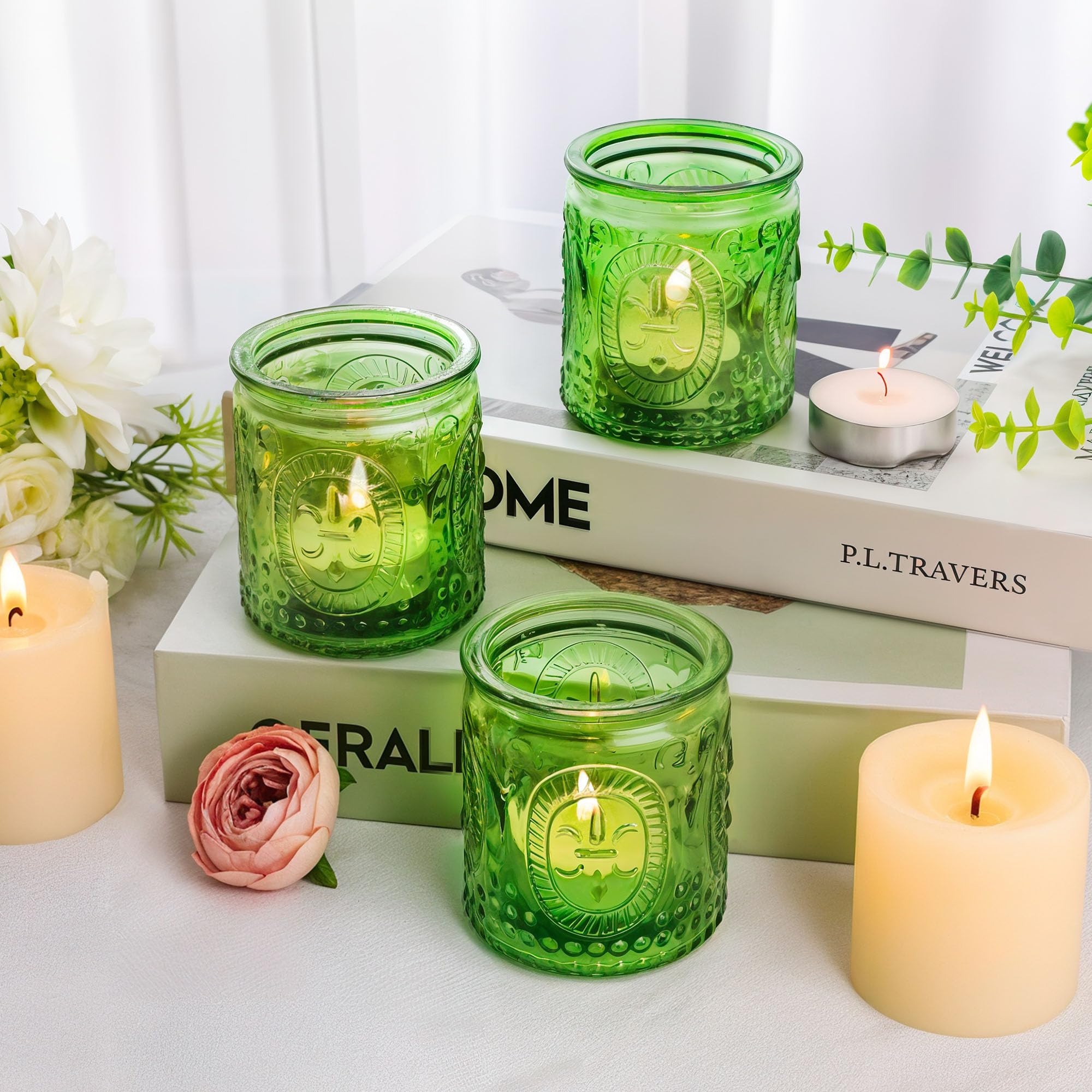 6PCS Glass Tea Light Candle Holders,6.6cm x 5.8cm Vintage Candle Jar, Coloured Tealight Holders, Votive Candle for Indoor, Outdoor, Garden, Dinner, Church, Weddings, Home Décor, Gifts (Olive Green)