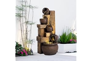 GREPATIO 39.3" H Garden Water Fountain 5 Tier Outdoor Waterfalls Fountain with LED Lights and Pump Indoor/Outdoor Modern Floor Standing Water Fountain for Garden, Patio, House Decor (Brown)
