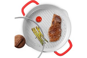 ESLITE LIFE Nonstick Grill Pan with Lid for Stove Tops, 11 Inch Ceramic Coating Round Grill Skillet Compatible with All Stovetops (Gas, Electric & Induction), PFOA Free, Cream