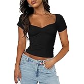 Cioatin Women Cute Sweetheart Neck Short Sleeve Crop Tops Ruched Summer Going Out T Shirt Y2K Clothes Tee Teens
