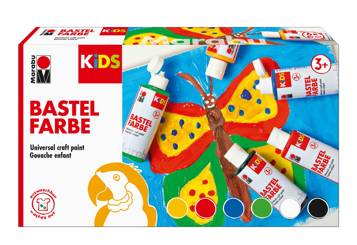 Marabu 0304000000001 Kids Set of 6 x 80 ml Craft Paint for Children from 3 Years Paraben , Vegan, Good Coverage, Quick Drying on Paper, Wood, Stone, Washable from Most Textiles at 30°