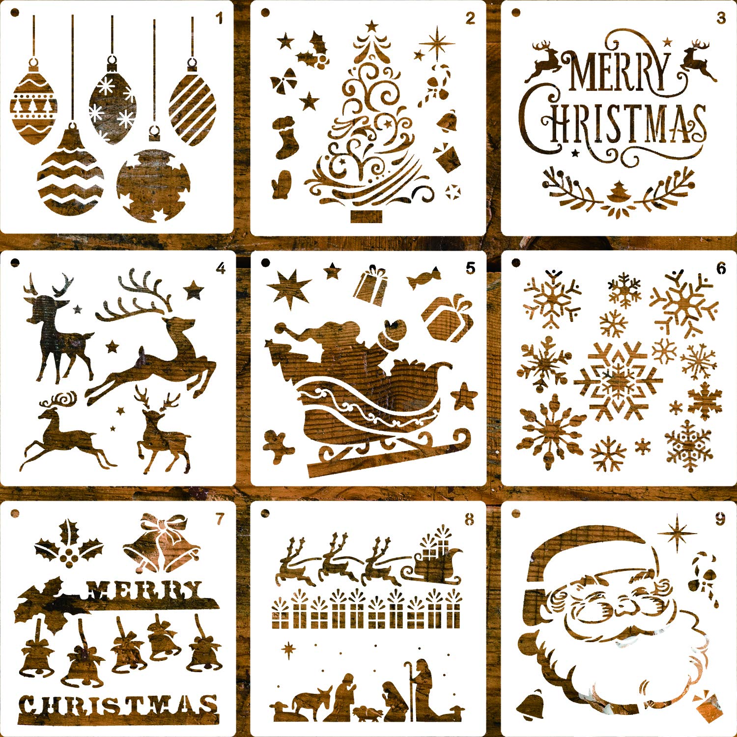 LLGLTEC 9 Pieces Christmas Stencils Template DIY Xmas Stencils Designs 7.9\'\'x7.9\'\' Extra Large Reusable Plastic DIY Drawing Crafts for Painting on Wood, Paper, Fabric, Glass, Wall Art