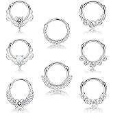LOYALLOOK 8PCS 16G Septum Clicker Ring Stainless Steel CZ Opal Cartilage Helix Tragus Hoop Daith Earrings Nose Rings Hoop Hinged Segment Clicker Ring Piercing Jewelry