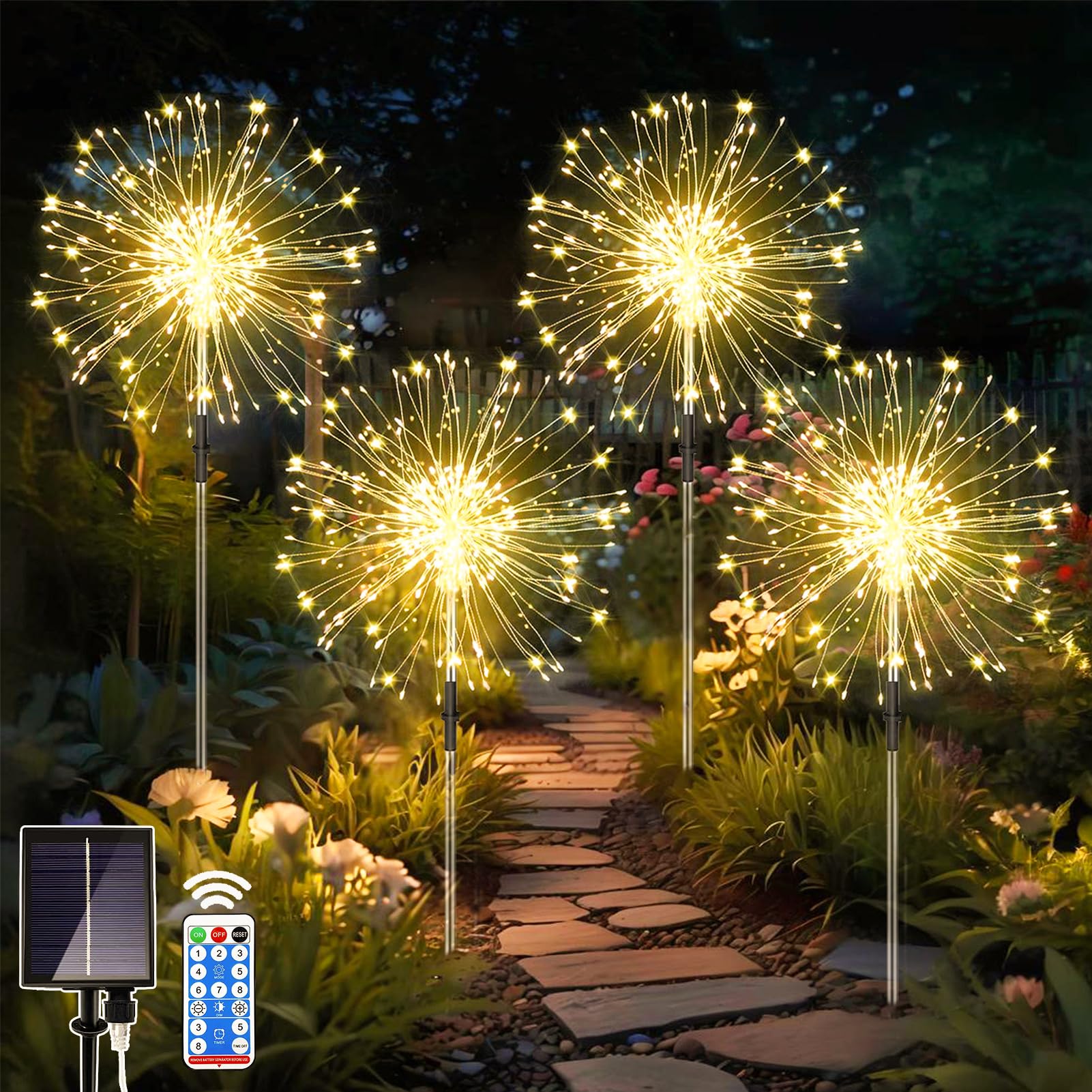 Dekofun 4 x 120 LED Garden Firework Solar Lights, 8 Modes Starburst Solar Lights, Outdoor Waterproof Fairy Light Outside for Pathway Patio Yard Lawn Party Backyard Wedding Landscape Flowerbed Decor