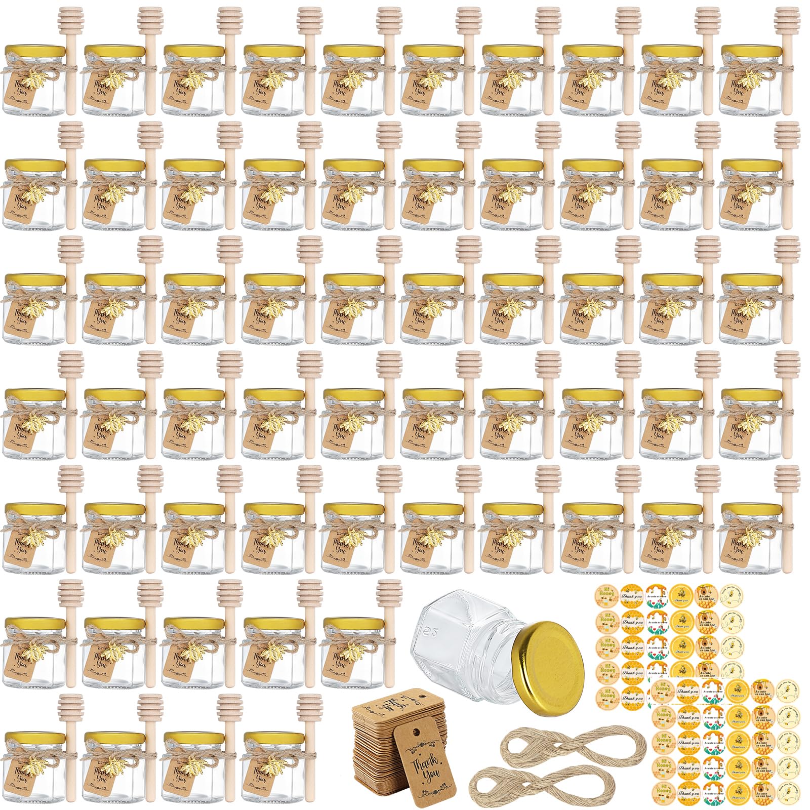 Photo 1 of CRTWDMAN 60 Pack Mini Honey Jars/Pot Metal Lids,1.5 oz Glass,Wooden Dippers,Bee Charms,Jutes,Stickers,Small,Tiny, Baby Shower Wedding Party Favors