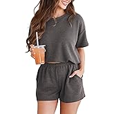 Spriolim Women's 2 Piece Outfits Summer Knit Short Sleeve Top and Shorts Set Soft Casual Lounge Sets