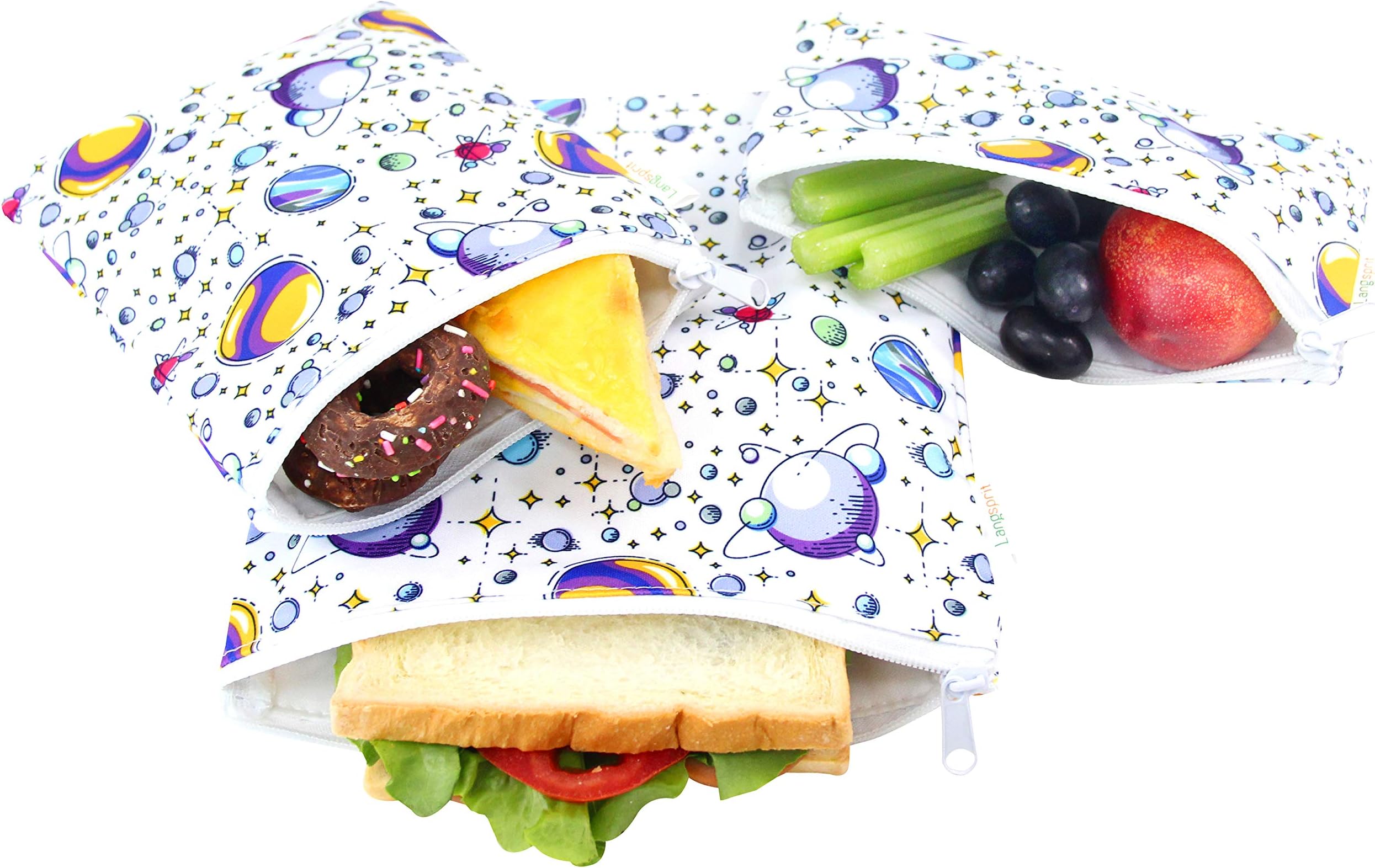 Langsprit Premium Reusable Sandwich & Snack Bags-Washable Lunch Bags - Set of 3 - (Planet)