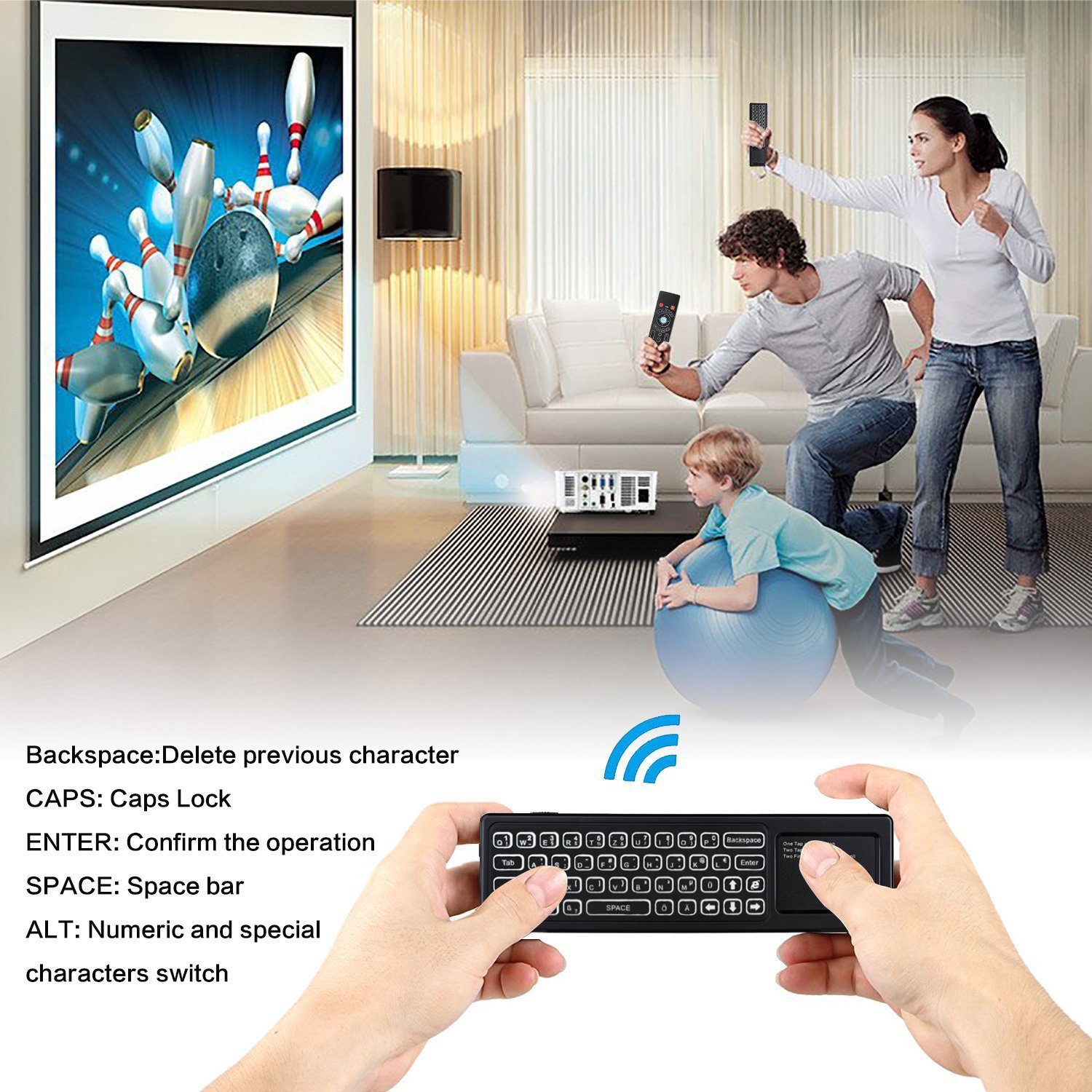 Airmaus Fernbedienung, AMBOLOVE Mini Tastatur kabellos Somatosensorisches Spiel Keyboard 2,4 G wiederaufladbare Air Mouse Combo mit Touchpad und 7 Farb-LED Backlits
