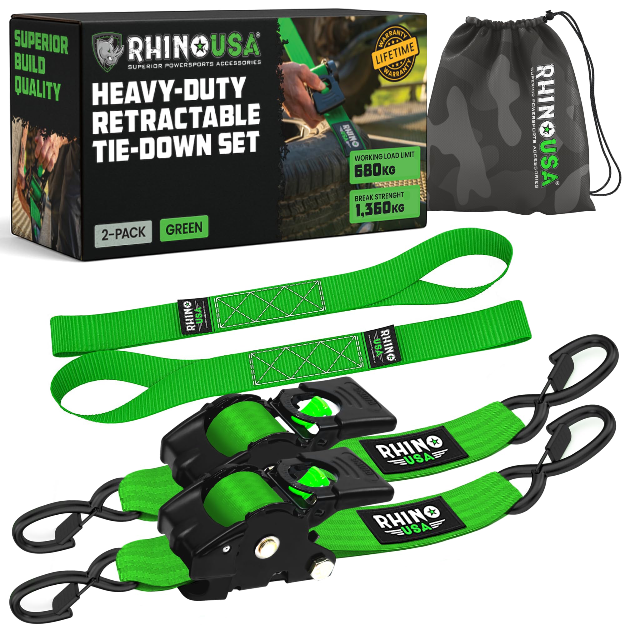 Rhino USA Retractable Ratchet Straps (2-Pack) - 5cm x 3m (1,360kg Break Strength) - Heavy Duty Auto Self-Retracting Tie Down Straps for Truck, Cargo Trailer, Motorcycle, Bike & More - Green