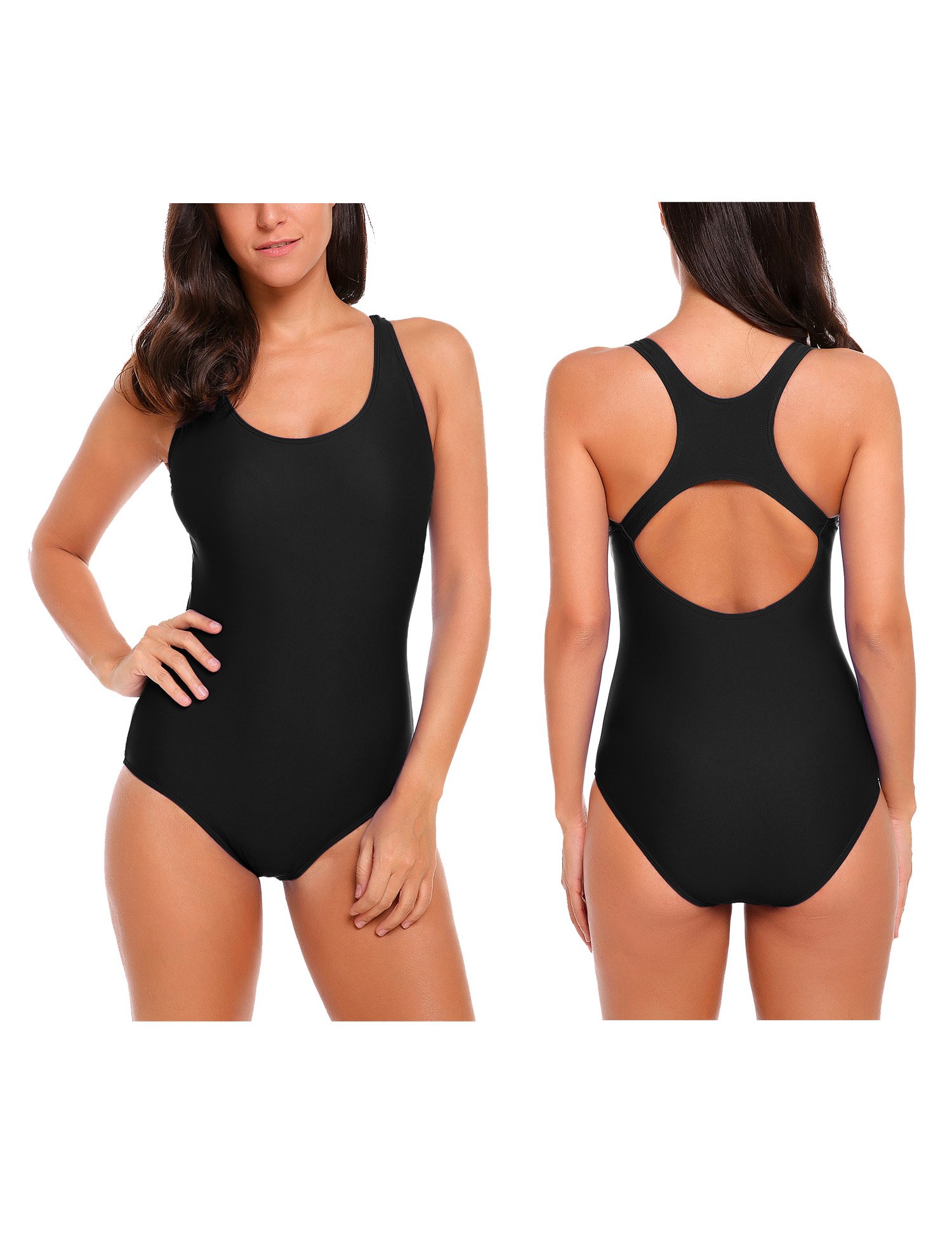 Ekouaer Swimsuits Women\'s Solid Hollow Back Swimwear 1 Piece Bathing Suits (Black, Medium)