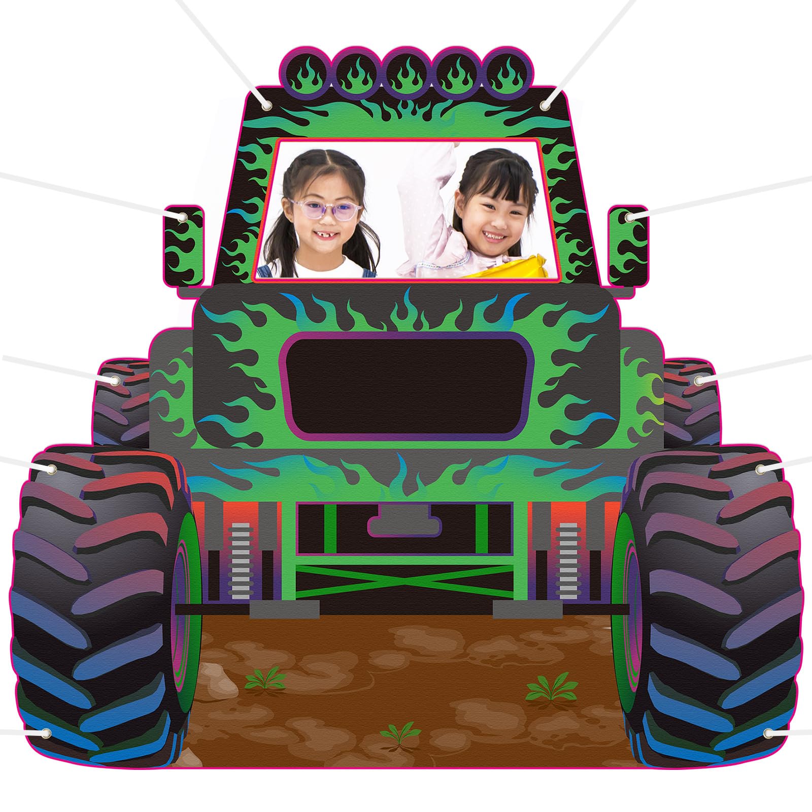Photo 1 of Leinuosen Monster Truck Photo Booth Props Green and Purple Truck Party Supplies Monster Birthday Backdrop Background Banner Baby Shower Props for Photobooth Birthday Party Decoration, 59 x 48 Inch