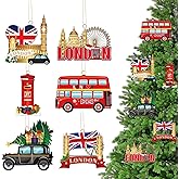 6 Pcs London Christmas Hanging Tree Iron Ornaments London Eye Tower Bridge Bus British Travel Themed Metal Hanging Decorations with Rope for Xmas Tree United Kingdom Ornaments