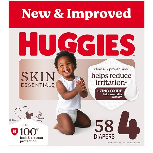 HUGGIES SIZE 4 DIAPERS, SKIN ESSENTIALS BABY DIAPERS, SIZE 4 (22-37 LBS), 58 COUNT, PACKAGING MAY VARY