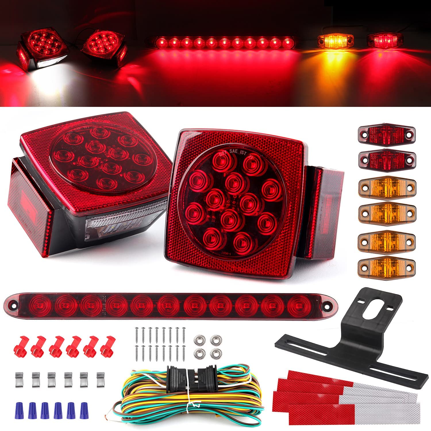 Photo 1 of 12V Trailer Led Light Kit, 2x Square Led Stop Turn Tail Brake License Plate Running Lights w/ 25ft Wiring Harness/6x Mini Marker Lights/15" 11LED Trailer Tail Brake Light Bar/License Plate Bracket