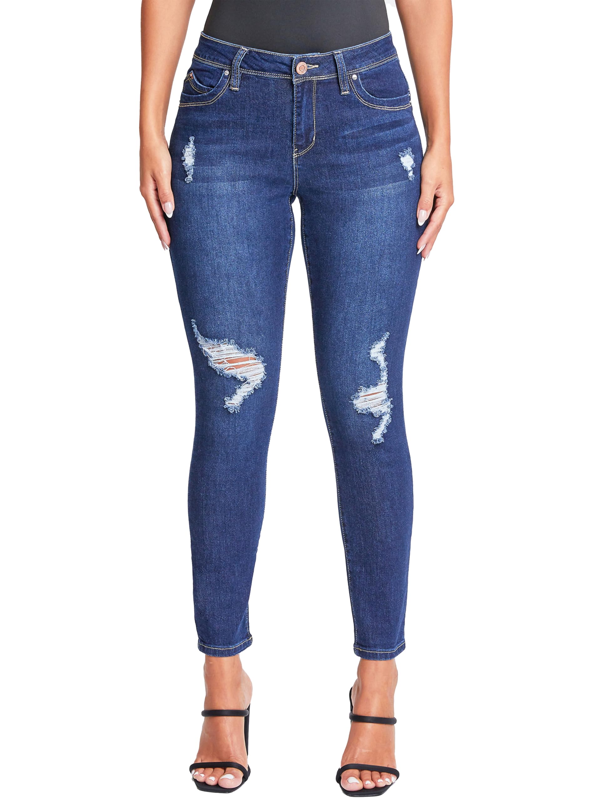 YMI Women’s Juniors Mid-Rise Wannabettabutt Skinny Jeans, Midnight Sky Blue Rips, 11