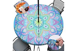 opstellen Round Tablecloth with Umbrella Hole and Zipper Waterproof Fitted Patio Table Cloth Outdoor Tables Cover Cloths Elastic Tablecloths for Camper Picnic Camping Outdoors Outside 45"-56" Bohemia