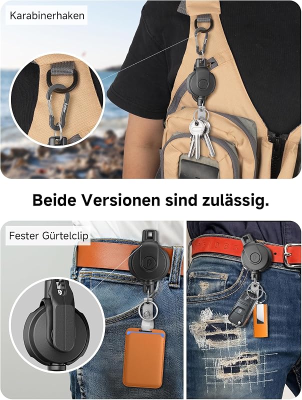 Einziehbarer Schlüsselanhänger - 360° Drehbar, Dauerhaft Ausziehbarer Karabiner-Ausweishalter, Taktische ID-Ausweisrolle mit Ausziehbar, 80cm/31,5 Zoll-Stahlschnur, 250g/8,8 oz - Schwarz