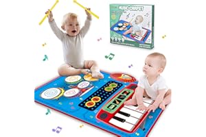 PRAGYM Baby Toys for 1 Year Old Boys & Girls, 2 in 1 Musical Toys, Toddler Piano & Drum Mat with 2 Sticks, Learning Floor Blanket, Birthday Gifts for 1 2 3 Year Old Boys & Girls