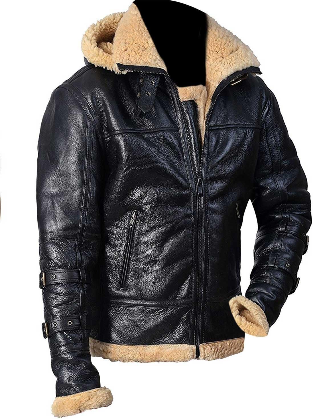 Mens B3 Flight Shearling Pilot Real Sheepskin Brown Bomber cockpit Leather Jacket