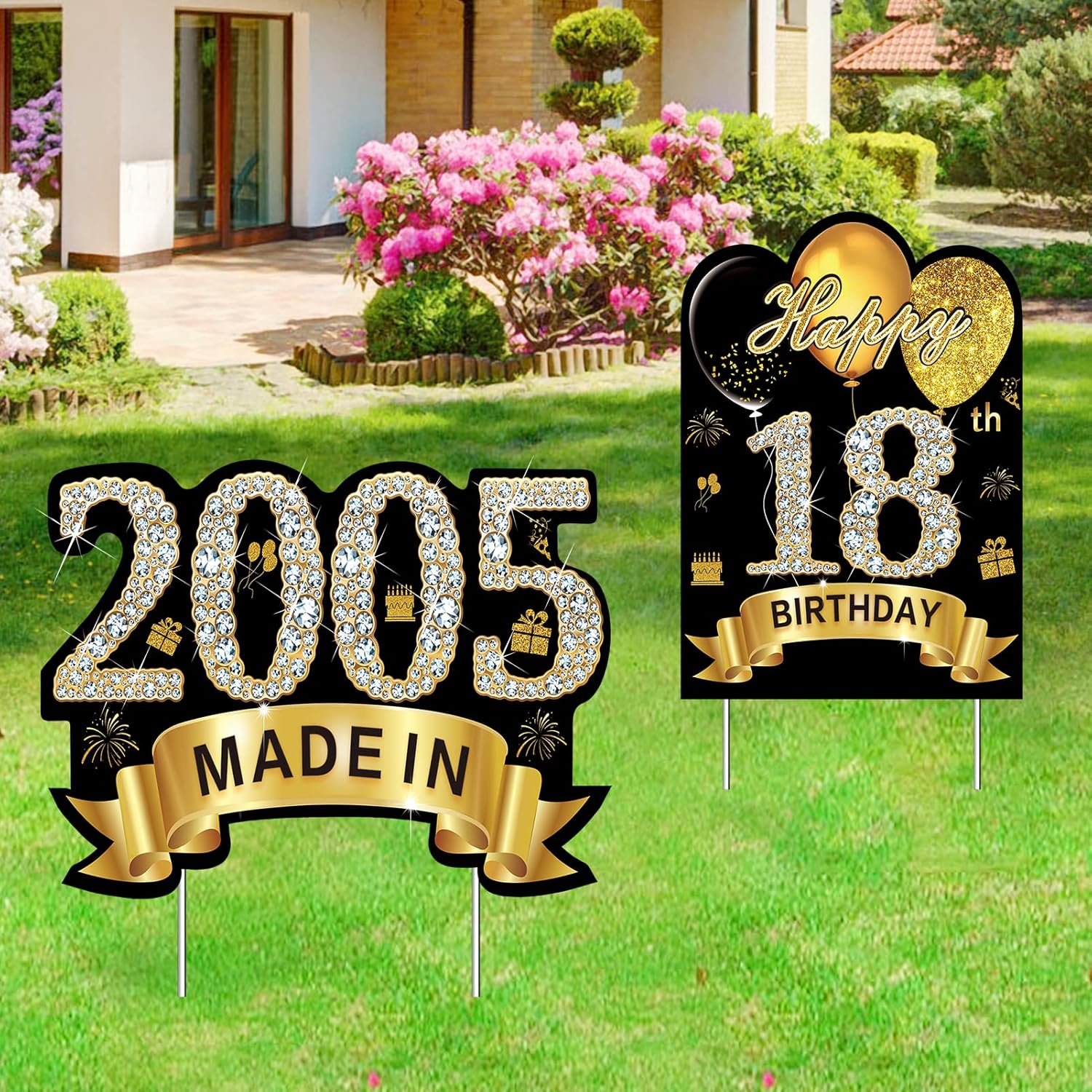 Yard Signs - 2Pcs Black Gold 18th Birthday Yard Sign Decorations for Boys Girls, Happy 18 Birthday Made in 2005 Lawn Sign Party Supplies, Happy 18 Year Old Birthday Yard Decor with Stakes