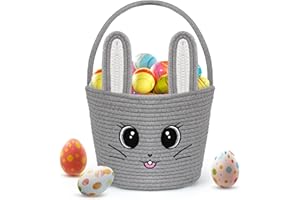 JIZWPOOM Easter Basket,Grey Woven Cotton Bunny Easter Basket with Handle,Cute Empty Easter Basket for Easter Egg Hunt,Kids Party Supplies,Easter Gifts for for Boys & Girls