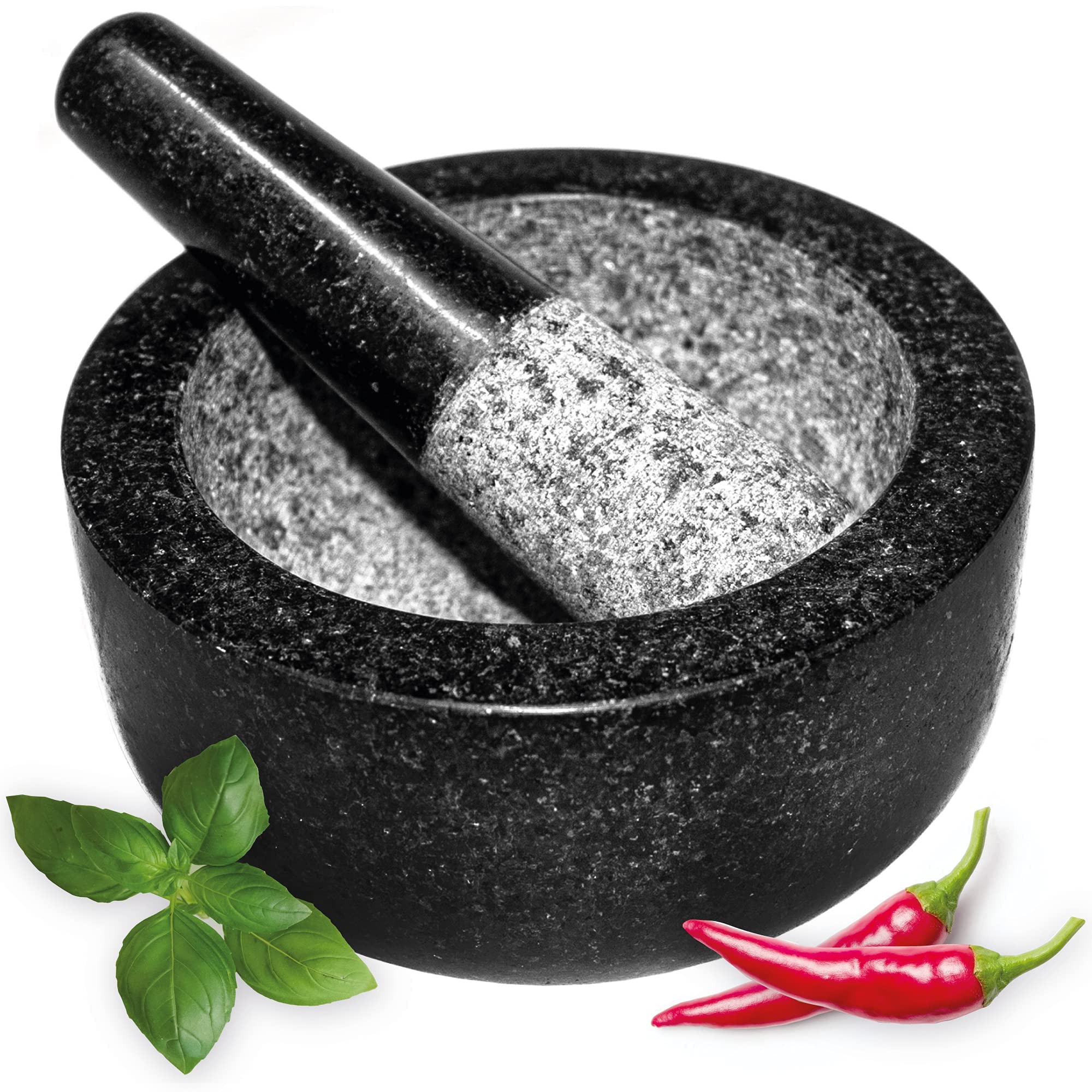 Andrew James Premium Granite Pestle and Mortar Set, 16cm, Ideal for Grinding Herbs, Spices, Nuts, Crushing Seeds, Perfect Pesto & Marinades Sauces, Large 16cm x 8cm, Essential Kitchen Accessory
