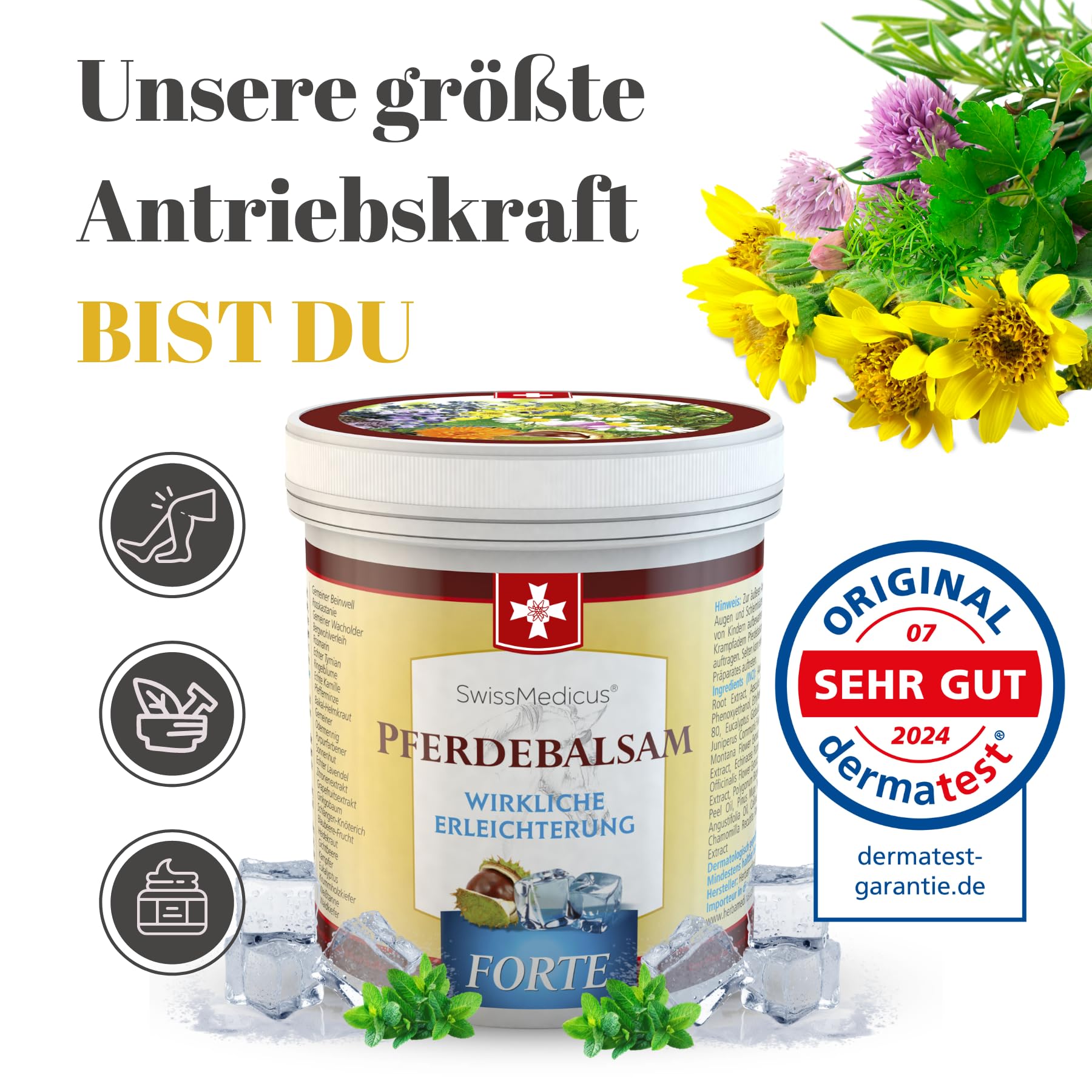 SwissMedicus Pferdebalsam mit 25 Kräuter (Beinwell, Rosskastanie, Arnika, Eukalyptus) – Spürbare Linderung bei Massage – Für Muskeln, Gelenke und Rücken – Kühlende Extra-Starke Formel – 500 ml 2