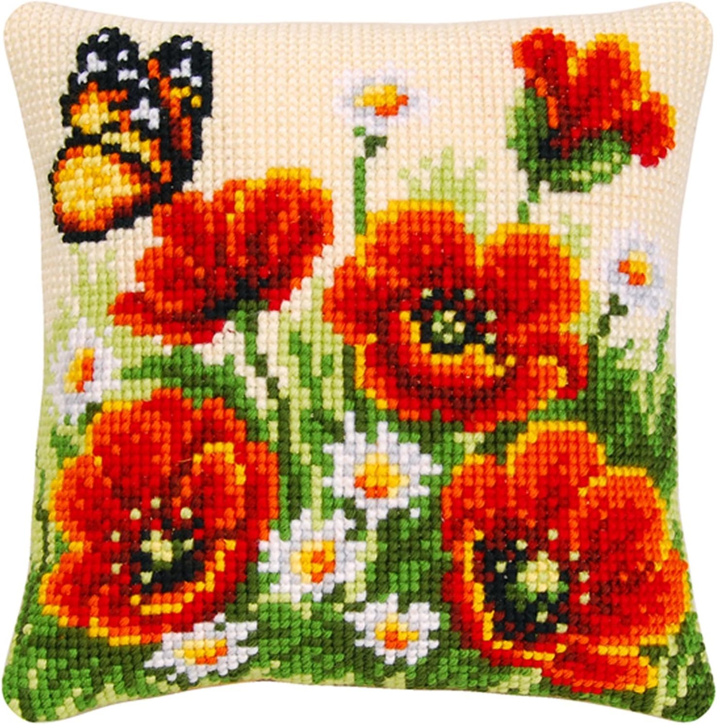 Poppies, Pre Printed Cross Stitch Cushion Front Kit, Soft Yarn, 40cm x