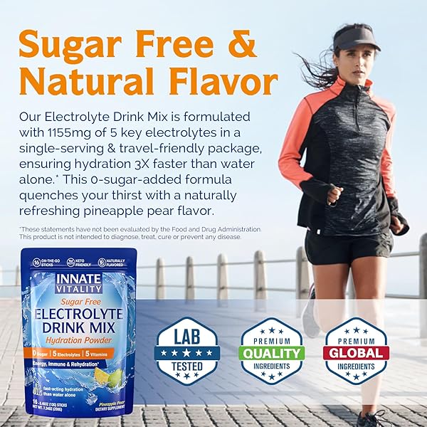 INNATE VITALITY ELECTROLYTES POWDER PACKETS, NO SUGAR, 5 KETO ELECTROLYTES & VITAMINS, HYDRATION POWDER PACKETS, EASY TO DISSOLVE, NATURAL PINEAPPLE PEAR FLAVOR, 16 STICKPACKS