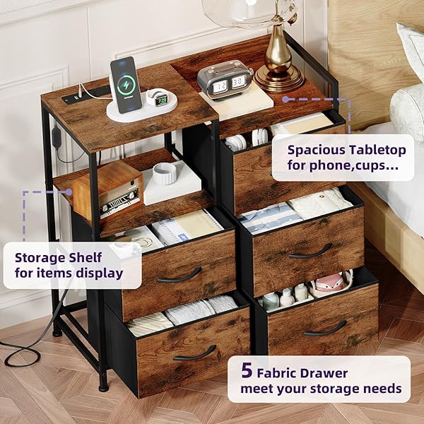 SOMDOT NIGHTSTAND WITH CHARGING STATION AND LED LIGHT, WIDE 5 DRAWERS DRESSER FOR BEDROOM WITH FABRIC BINS AND OPEN SHELF FOR BEDROOM KIDS CLOSET DORM GUEST ROOM, WOOD GRAIN PRINT
