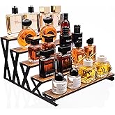 KALYLOC 5 Tier Wooden Display Riser Stand 13.8 Inch Metal Step Perfume Stand Organizer Tabletop Tiered Display Shelf Rack for Cologne Cupcake Spice Figures Cosmetics Candles (Brown, X-Shape)