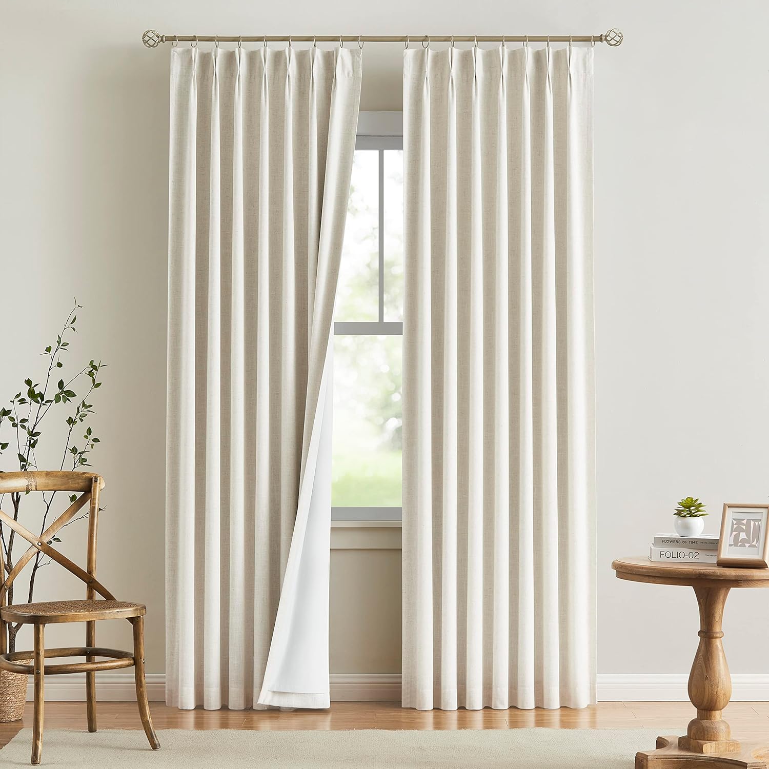 Window Treatments - Vision Home Natural Pinch Pleated Full Blackout Curtains Linen Blended Room Darkening Window Curtains 95 inch for Living Room Bedroom Thermal Insulated Pinch Pleat Drapes with Hooks 2 Panel 40