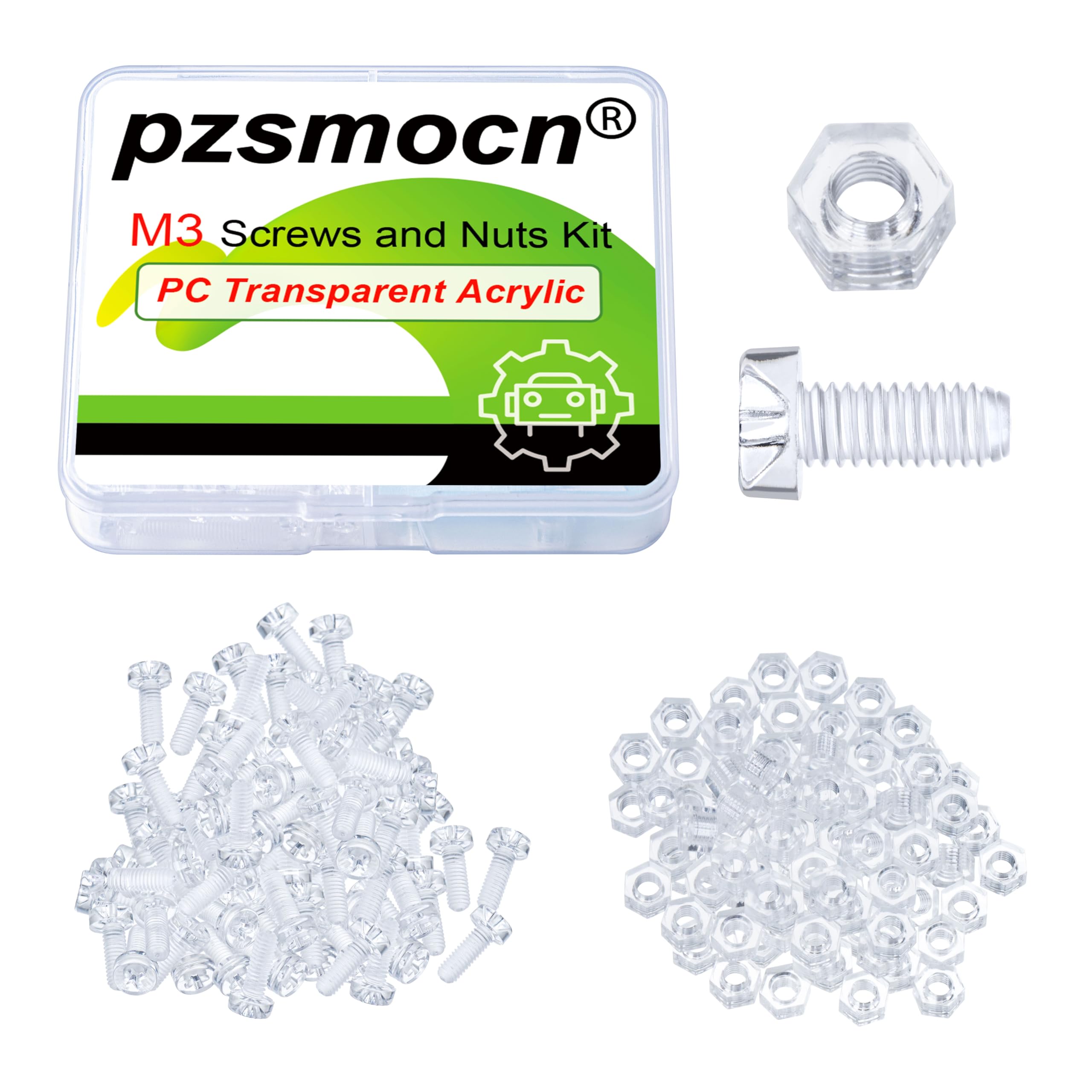 Pzsmocn 200 Pieces/100 Sets M3*8 mm PC Transparent Plastic Cross-recessed Round Head Screws and Hexagonal Nuts Kit, Corrosion-resistant, for DIY, Model and Electronic Product Fixation.