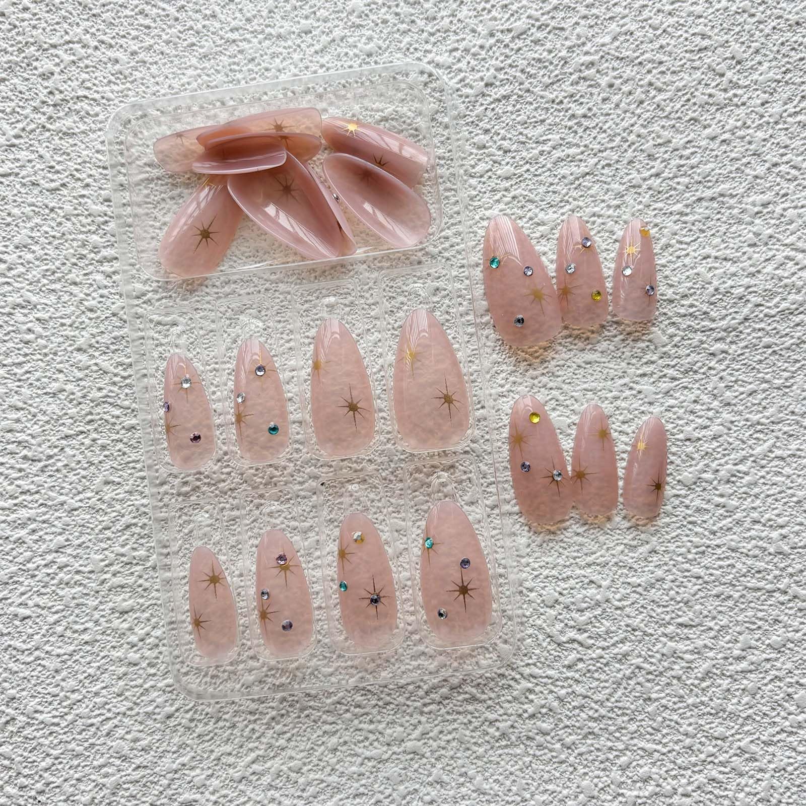 Almond Press on Nails Medium Fake Nails Star with Rhinestone Design Nude False Nails Artificial Full Cover Nails Glossy Acrylic Nails Glue on Nails for Women Manicure Decoration 24Pcs - Image 4