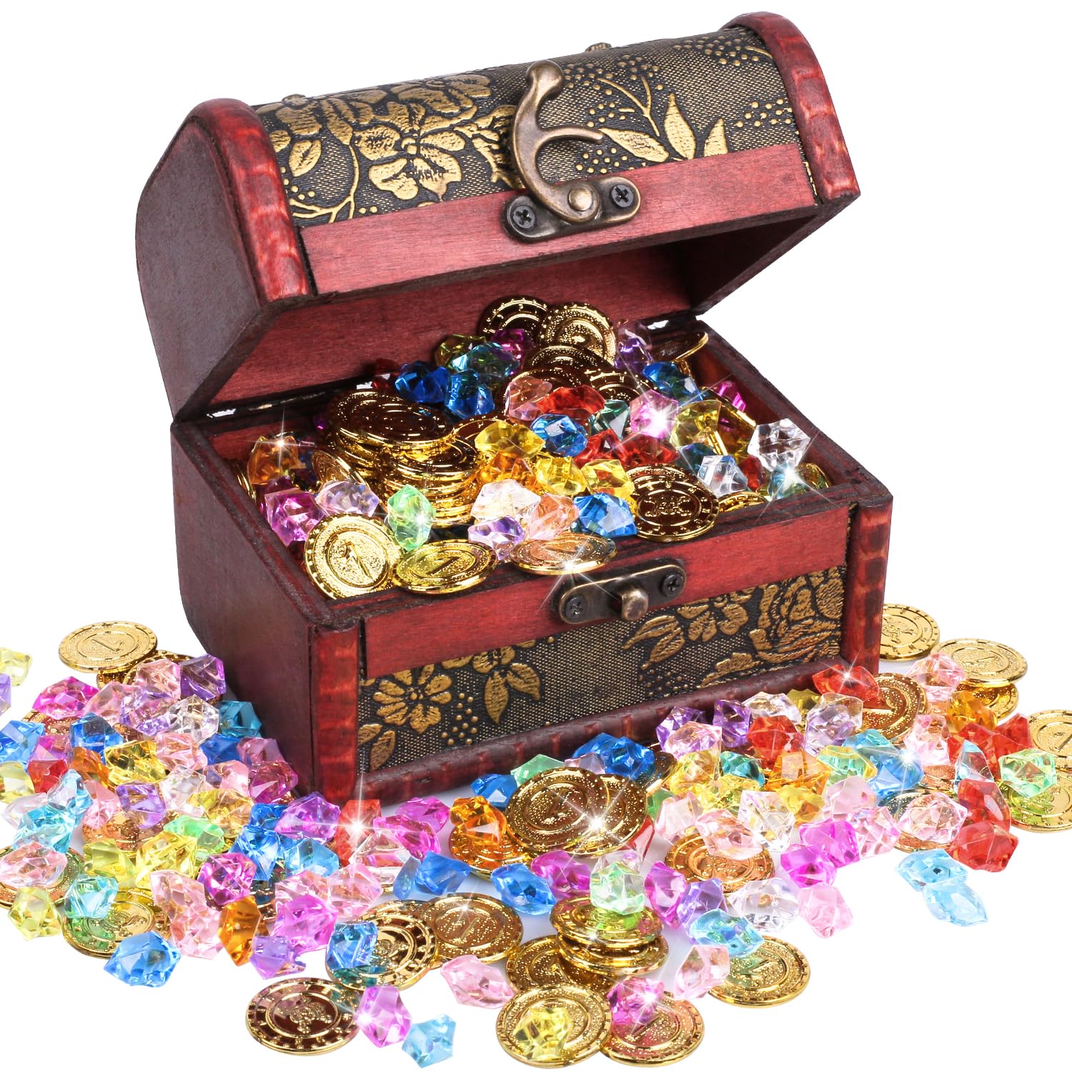 Dncvb 201 Pcs Pirate Treasure, Pirate Treasure Chest with 100 Plastic Gold Coins and 100 Fake Gems, Treasure Hunt Kit for Halloween Pirate Themed Party Favors