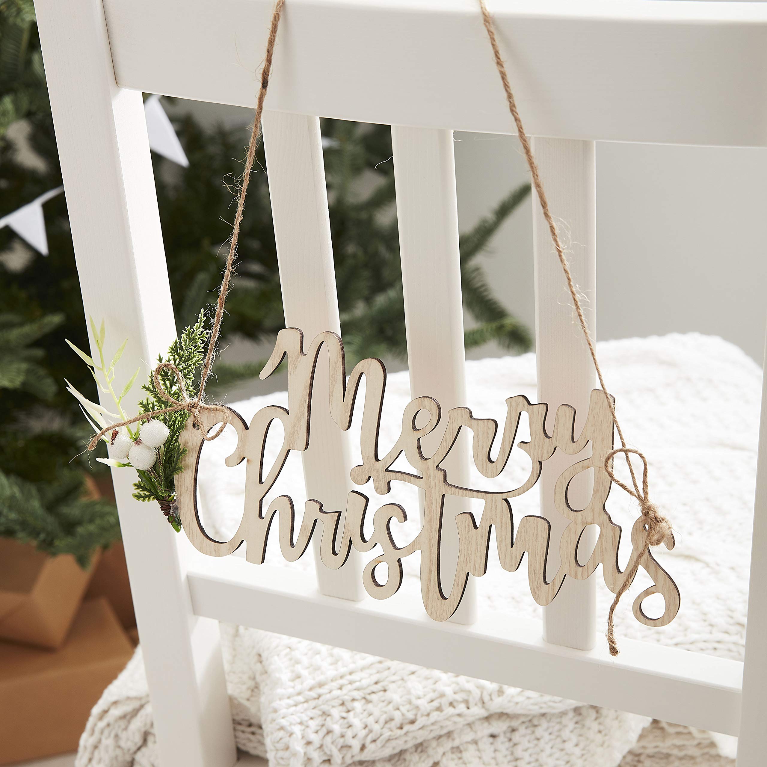 Ginger Ray Wooden Eco Merry Christmas Chair Back Table Hanging Bunting Decorations With Foliage - Let It Snow
