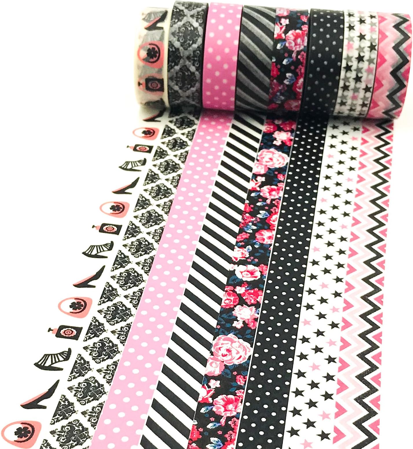 Sophisticated Lady - Pink & Black Shoes, Perfume, Handbags Washi Tape (Set of 8 Rolls) Masking Tape for Decorating Your Planner, Journal, Crafts, and Scrapbook
