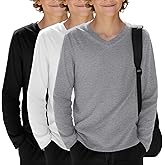 LessonZoo 3 Pack Boy's Long Sleeve Shirts, Soft V Neck Tops Basic Tee Casual Loose Fit Tshirt for 5-16 Years Kids