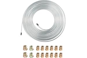 SUJADE YAKEFLY 25 Ft Flexible Tube Line Roll,1/4" Brake Line Tubing Kit,Copper Coated Alloy Brake Line Tubing Coil with 16 Inverted Flare Fittings,Fuel Line Coil(Silver)