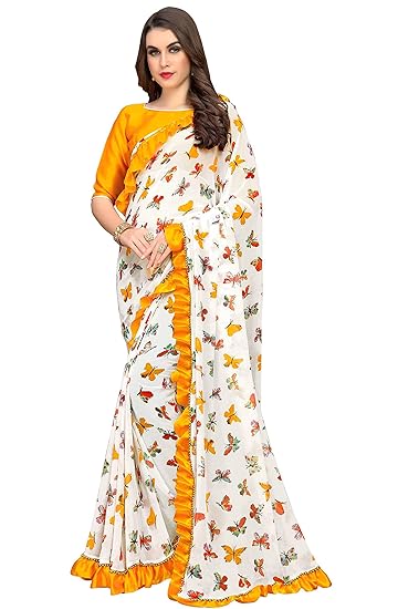 Womens Georgette Saree With Blouse Piece (ruffle_saree_printed102_yellow_Yellow)