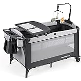 ELEMARA Baby Bassinet Bedside Crib with Diaper Changer, Pack and Play with Mattress for Baby，4 in 1 Playpen Travel Bed with Storage,Playard with Adjustable Height