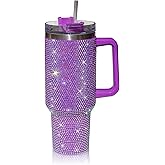 cuteolivia 40 Oz Rhinestone Studded Tumbler with Handle Straw and Lid, Insulated Stainless Steel Double Layer Water Bottle for Women, Reusable Travel Coffee Mug (1200ml) Lilac