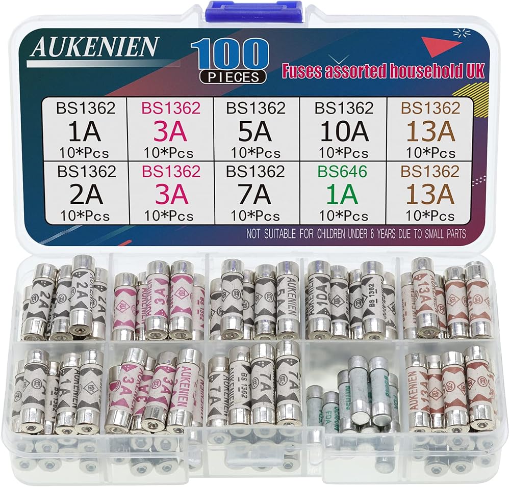 AUKENIEN BS1362 BS646 Fuse Assorted 100 Pcs 1A 2A 3A 5A 7A 10A 13A 240V